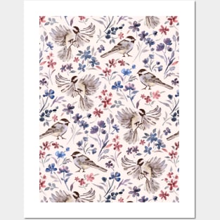 Chickadees and Wildflowers on cream Posters and Art